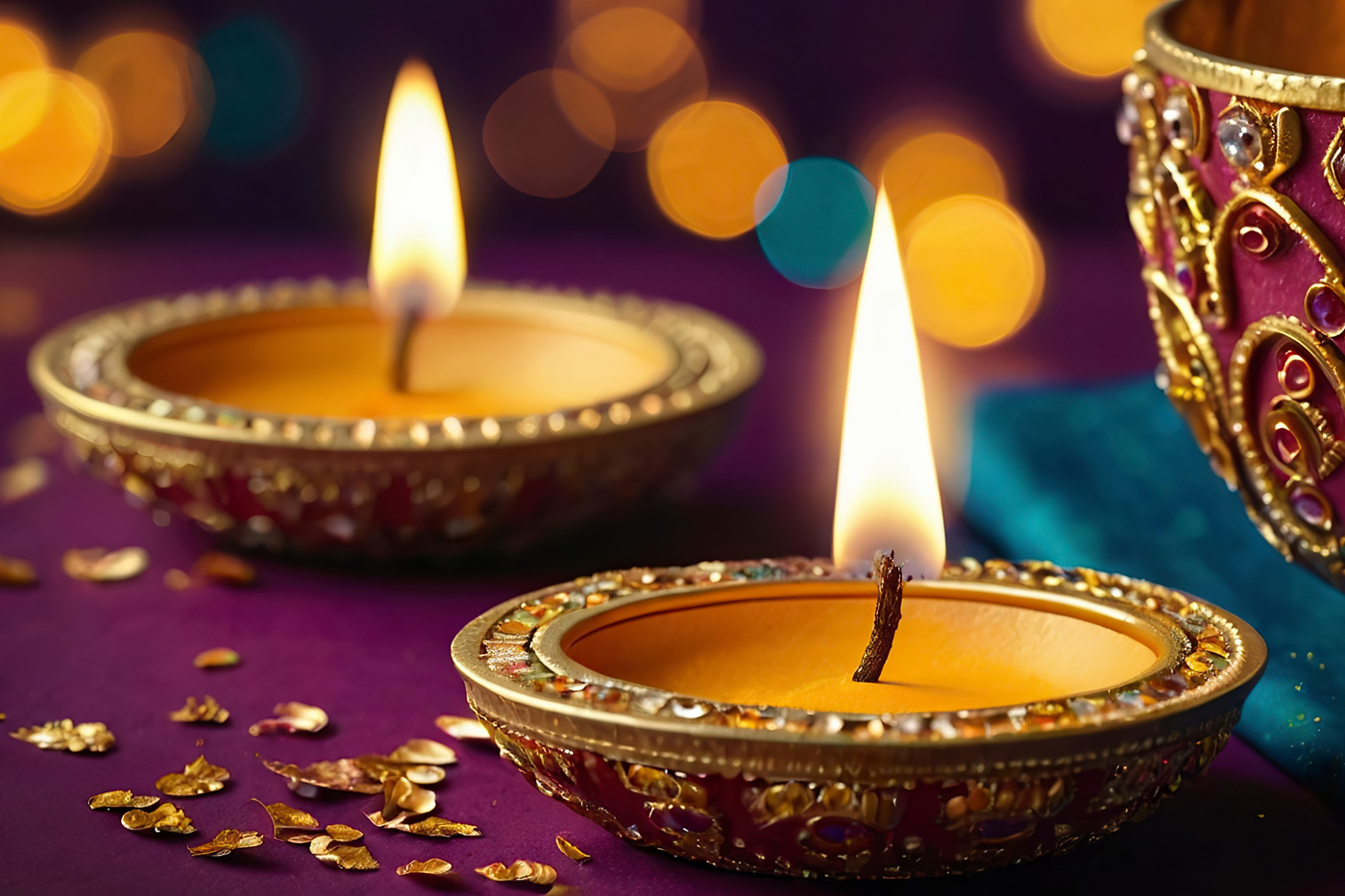 Two gold candles burn on a table with elegant purple table cloth and gold glitter.