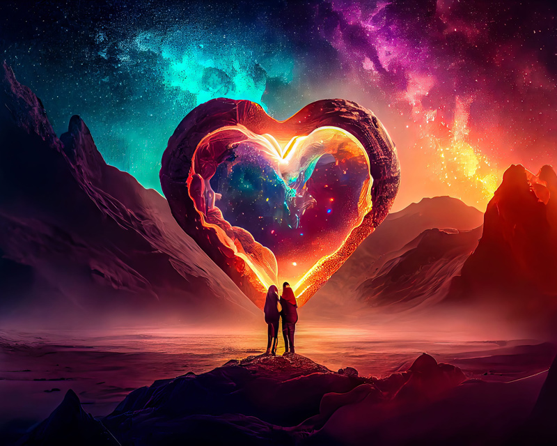 An otherworldly scifi image of a large heart made of rock behind a couple. Mountains and colorful blue and pink clouds fill the sky.