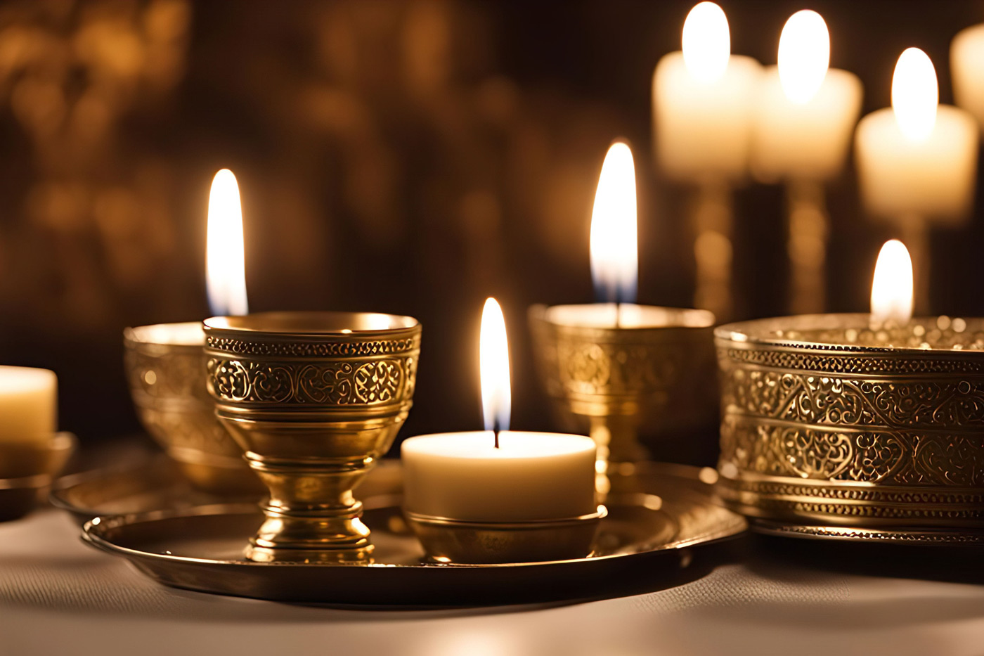 Five white candles burn in embellished gold candle holders.