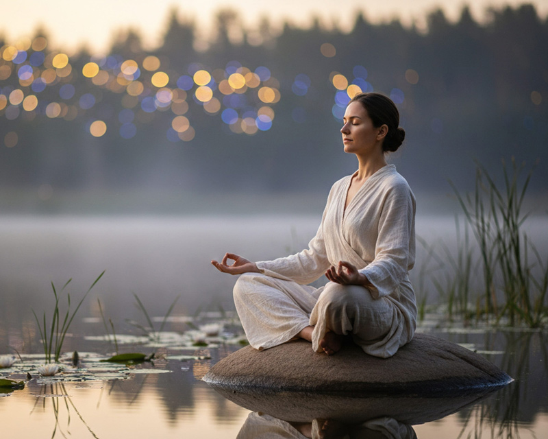 A woman meditating in a cross-legged yoga pose on a rock that is surrounded by water on all sides in a calm lake.